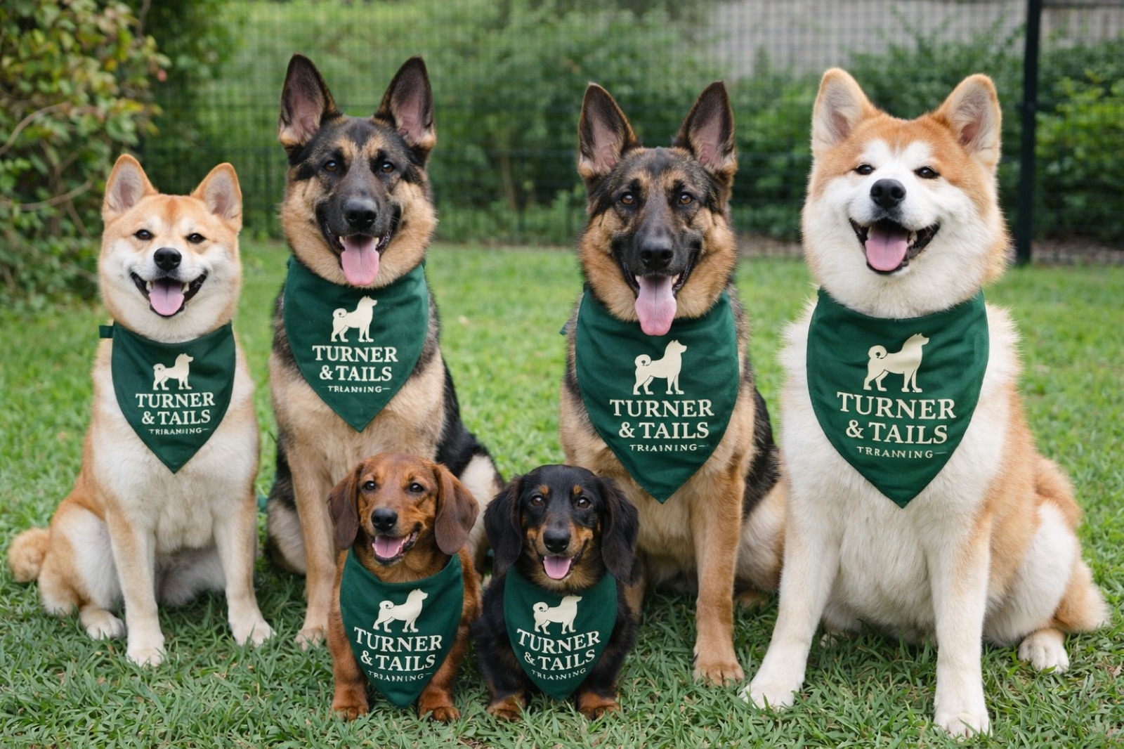 Five dogs in Turner & Tails bandanas sitting together on grass